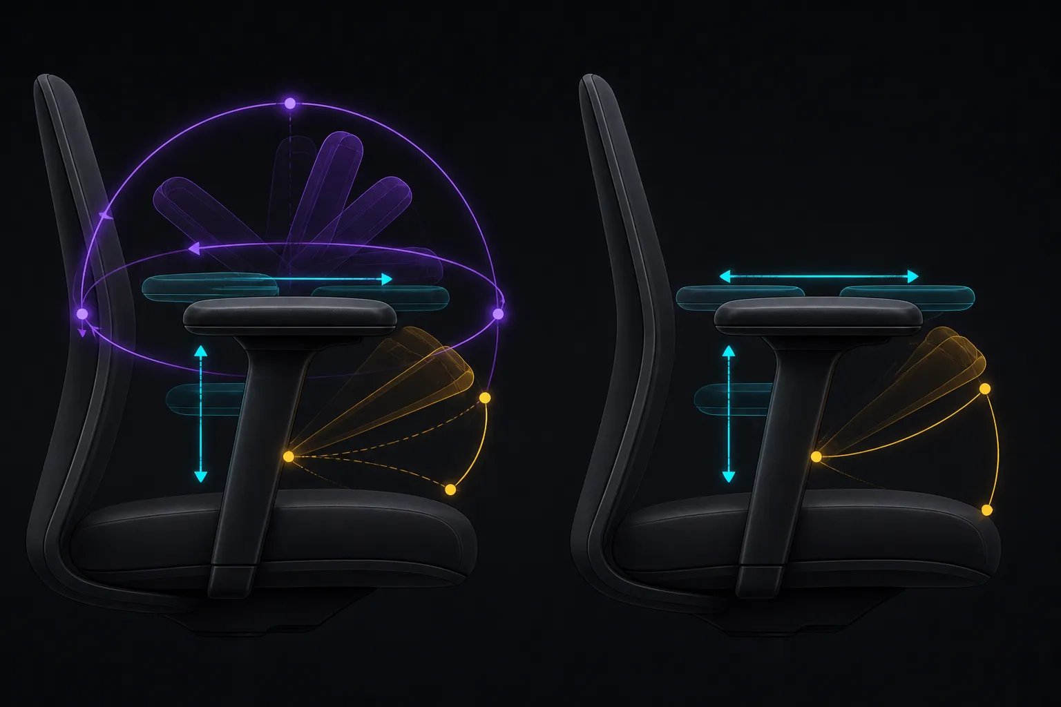 Abstract side-by-side diagram comparing broader and simpler armrest adjustment pathways