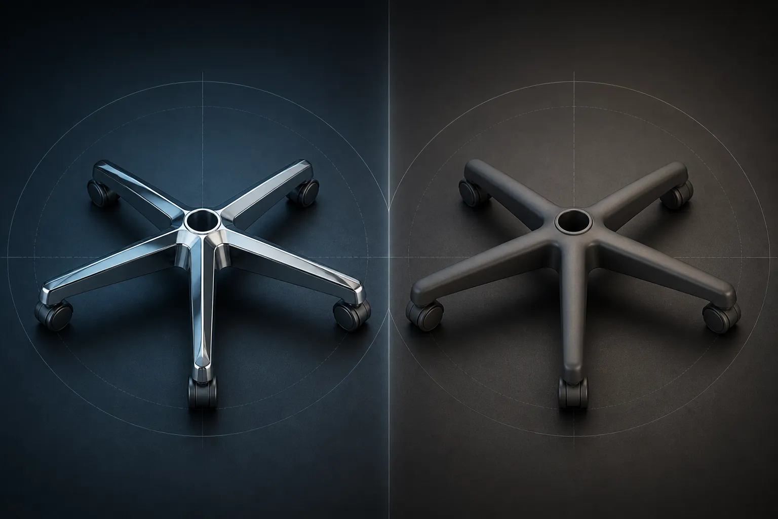 Abstract side-by-side diagram comparing metallic and polymer-like five-point chair bases