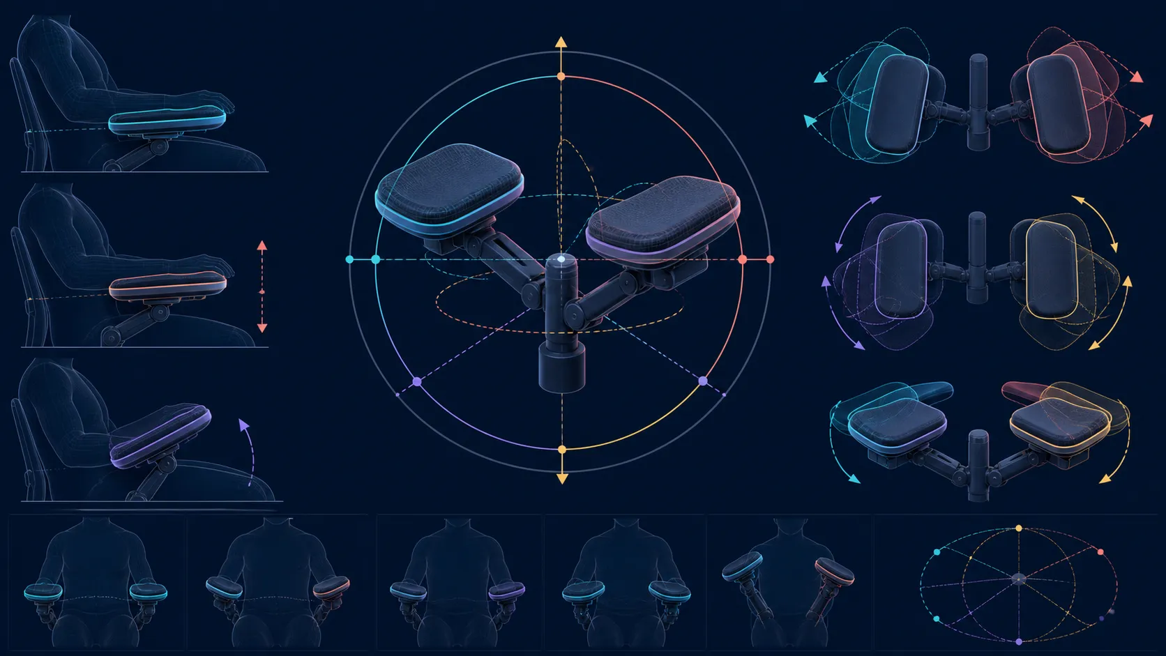 Paired abstract armrest pads moving through a spatial orbit