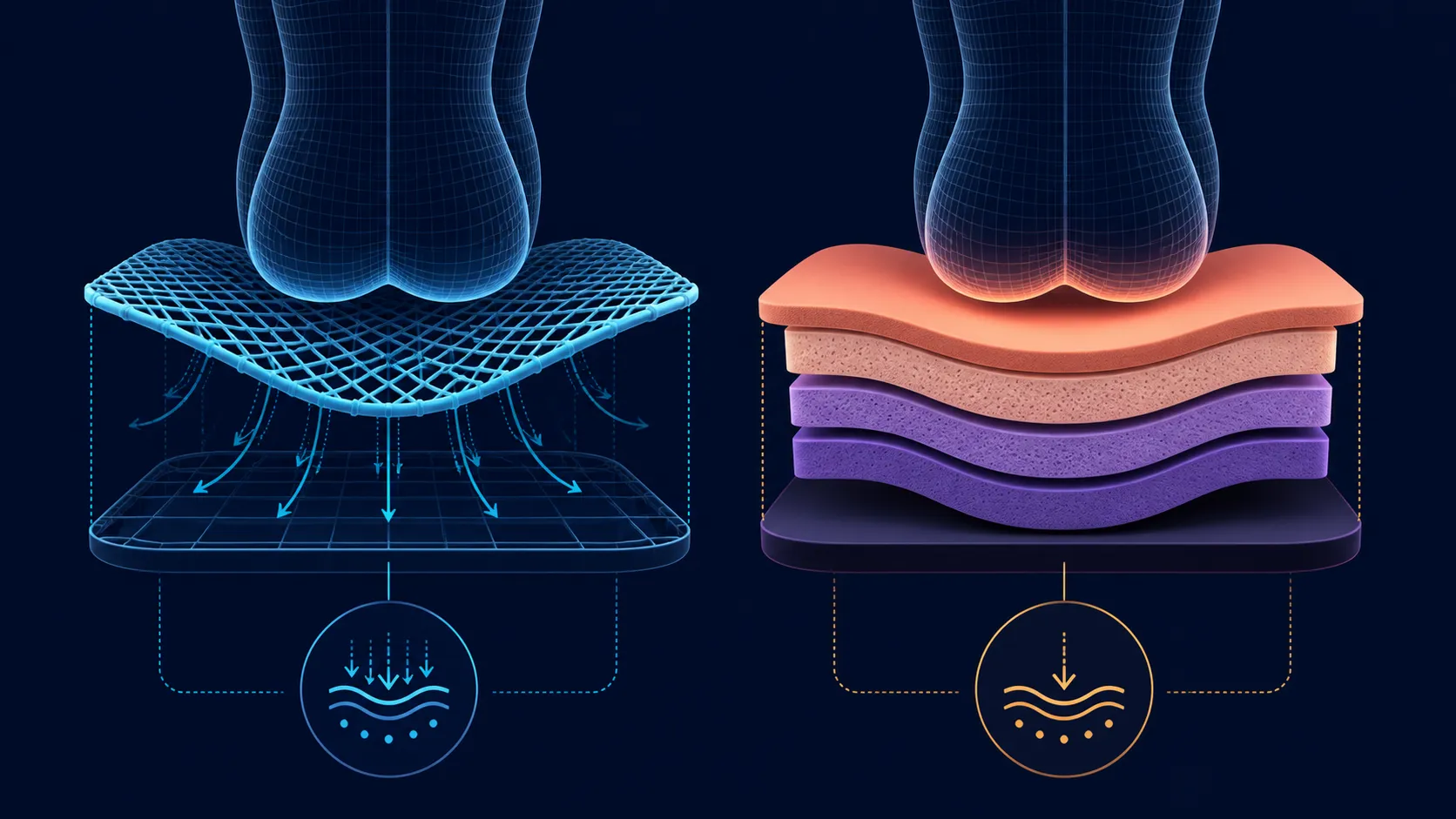 Side-by-side abstract open mesh grid and layered foam cushion