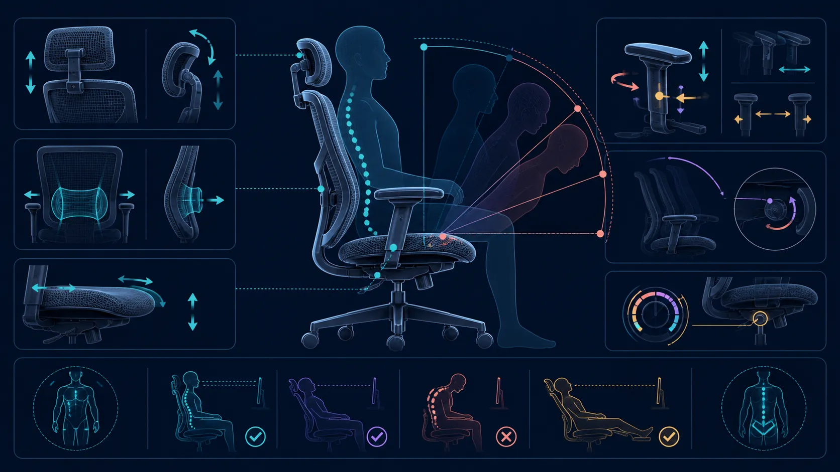 Abstract chair system with support headrest armrest and recline zones