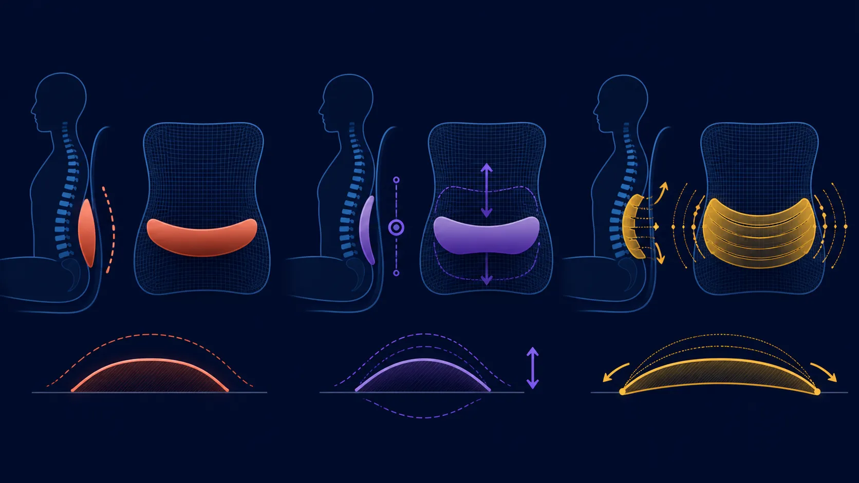 Three abstract lumbar support curves arranged as a progression