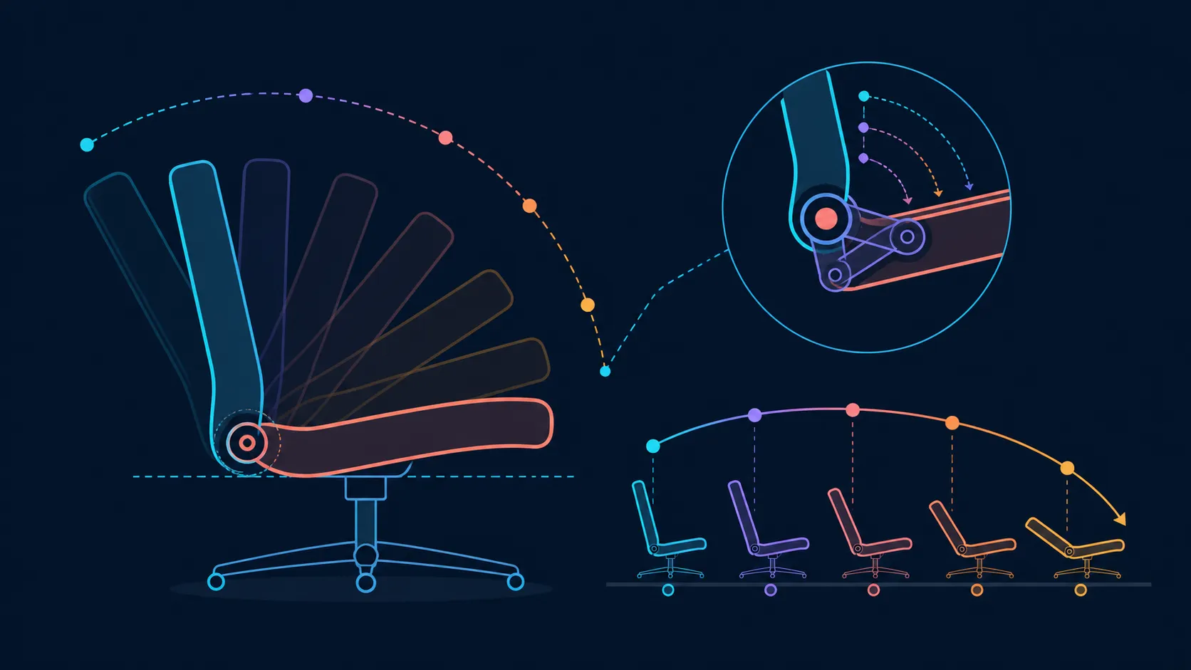 Abstract recline pivot with seat and backrest curves
