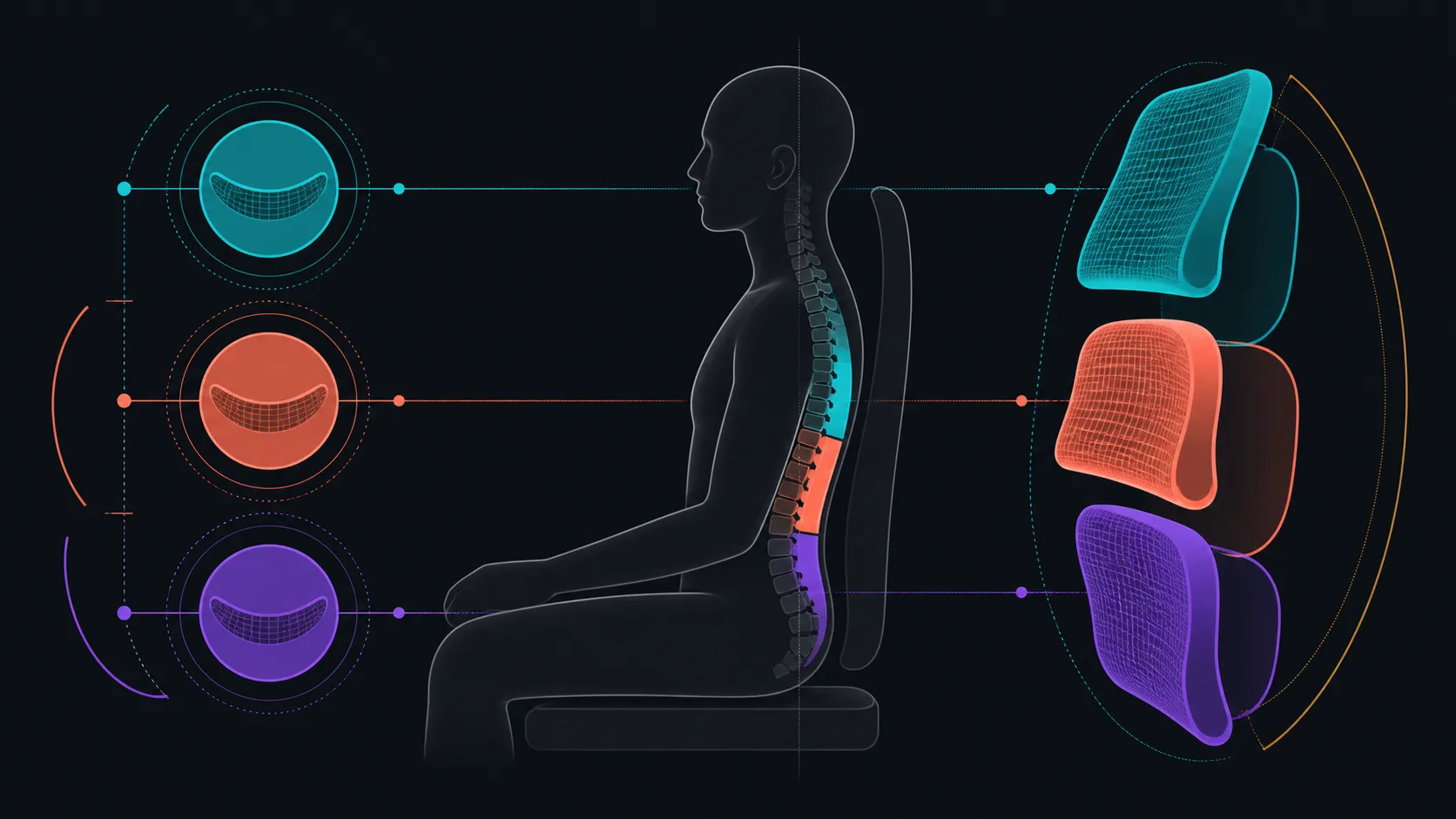 Three abstract lumbar support arcs aligned around a back curve