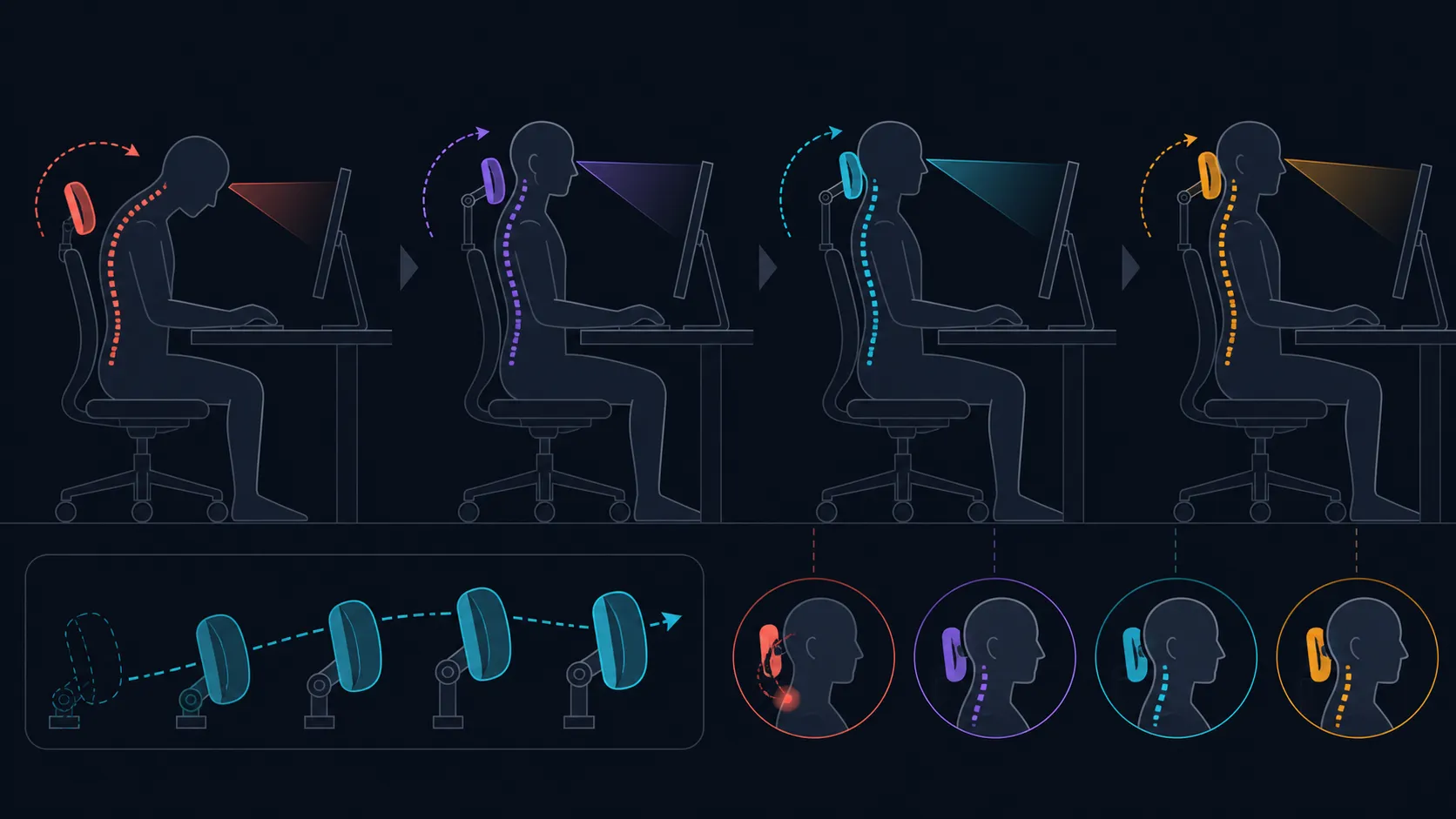 Abstract headrest pad in several desk-work alignment positions