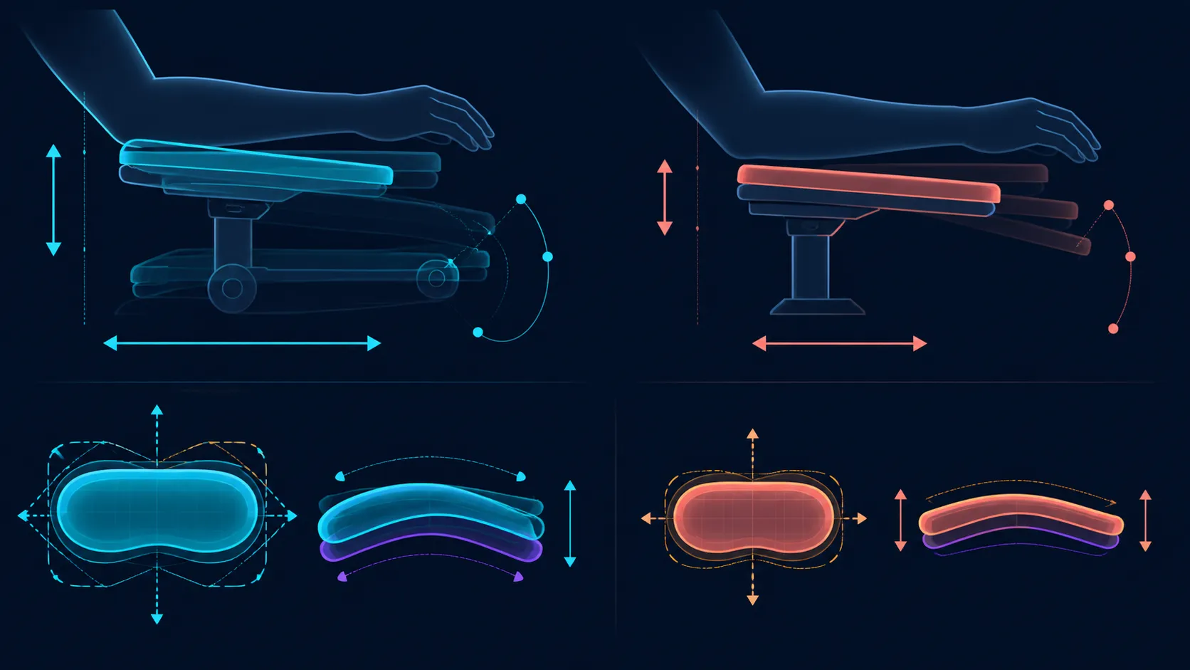 Side-by-side armrest pads with wide and limited motion zones