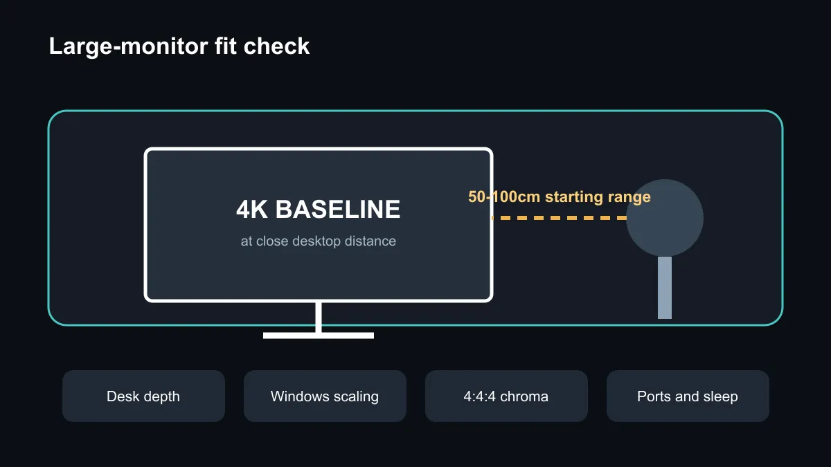 40 inch monitor fit check covering 4K resolution, viewing distance, desk depth and ports.