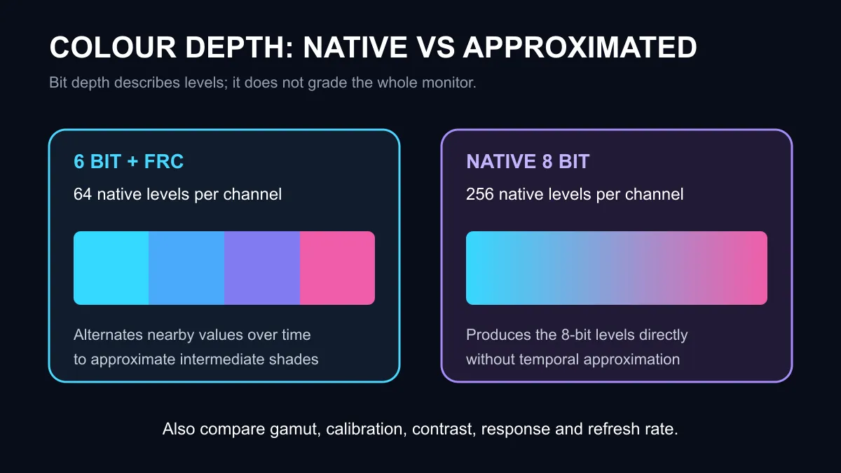 Monitor colour-depth comparison showing native 8-bit levels beside 6-bit plus frame-rate-control approximation.