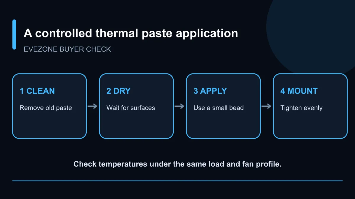Four-step thermal paste application sequence from cleaning to cooler mounting.