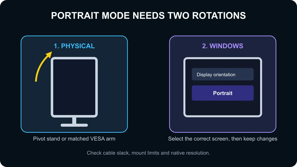 AOC monitor portrait setup showing pivot or VESA support, cable clearance and Windows display orientation.