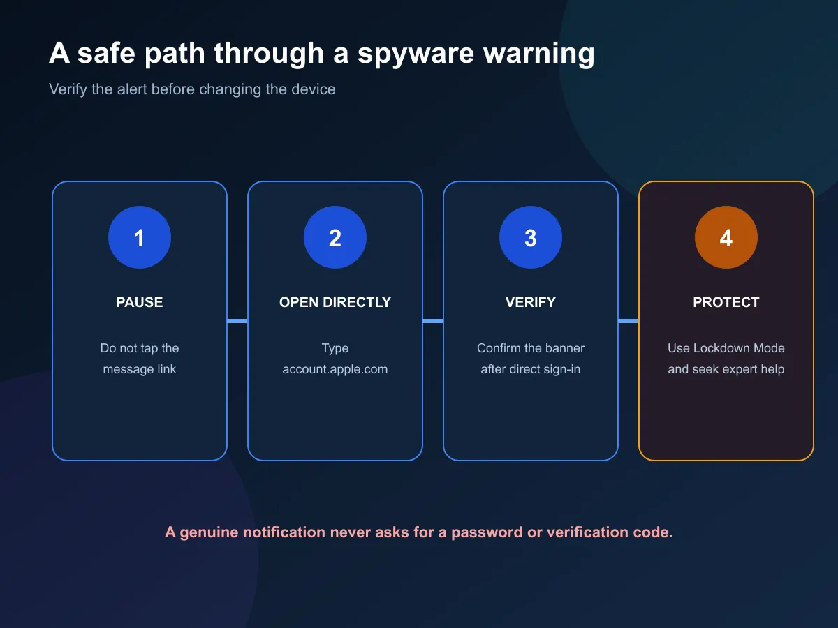 A four-step alert response: pause, open the account site directly, verify, then secure and seek help.