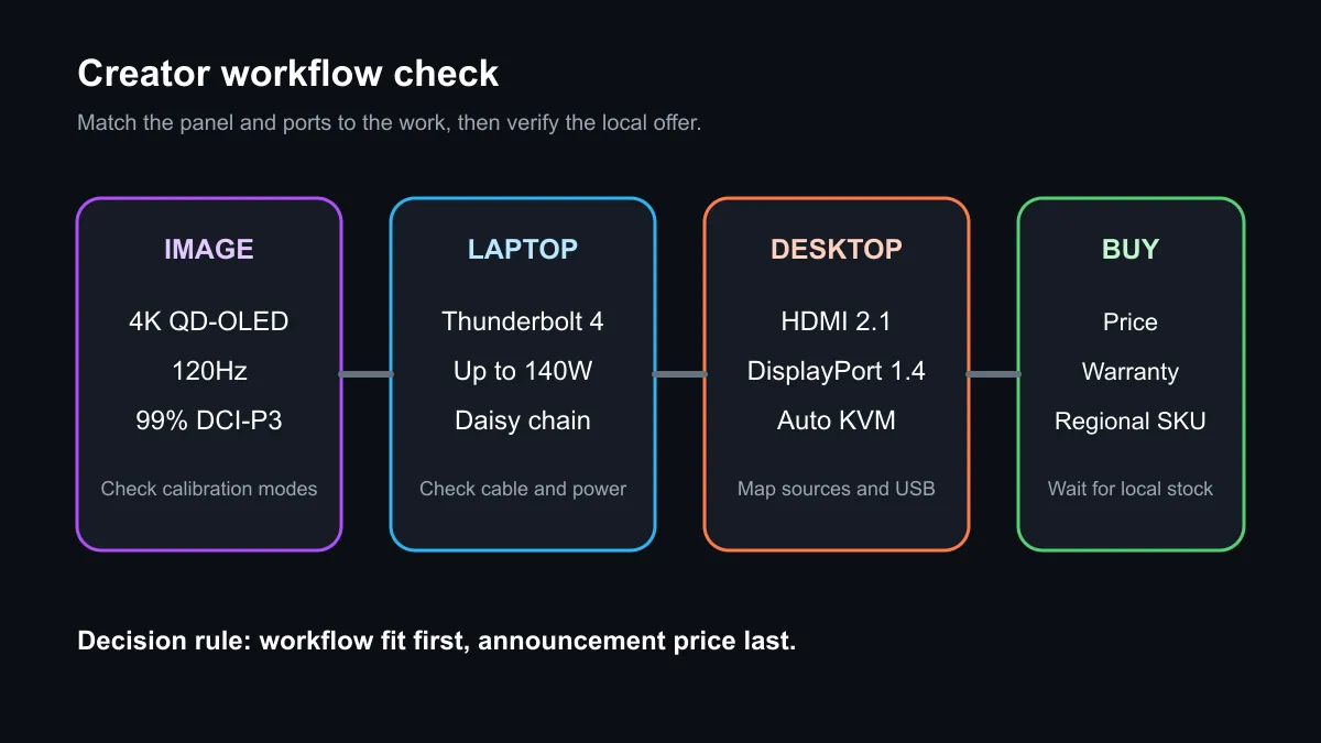 ASUS ProArt PA27UCDV workflow map showing 4K QD-OLED, Thunderbolt charging, KVM and colour-work checks.
