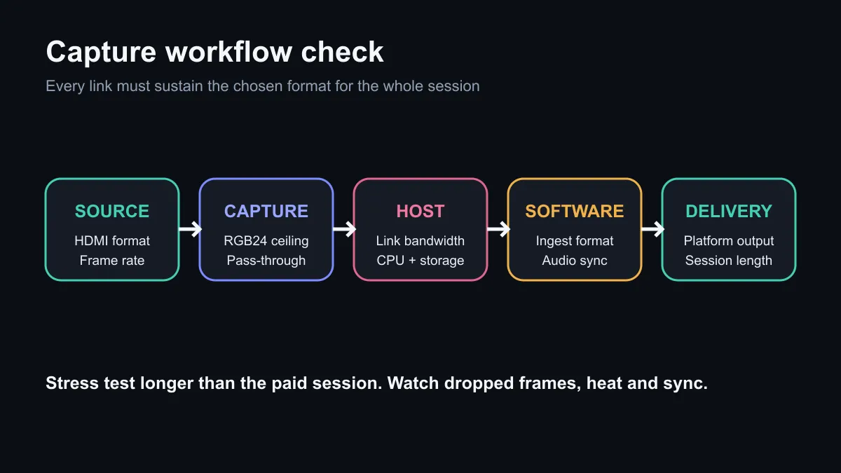 Capture device workflow checklist for resolution, colour, inputs and reliability.