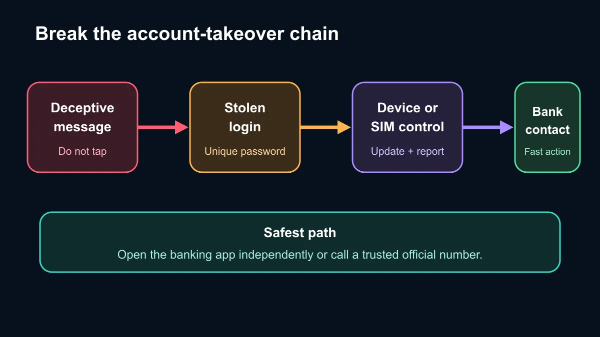 Account takeover chain from deceptive message to stolen login, device control and fraudulent transaction.