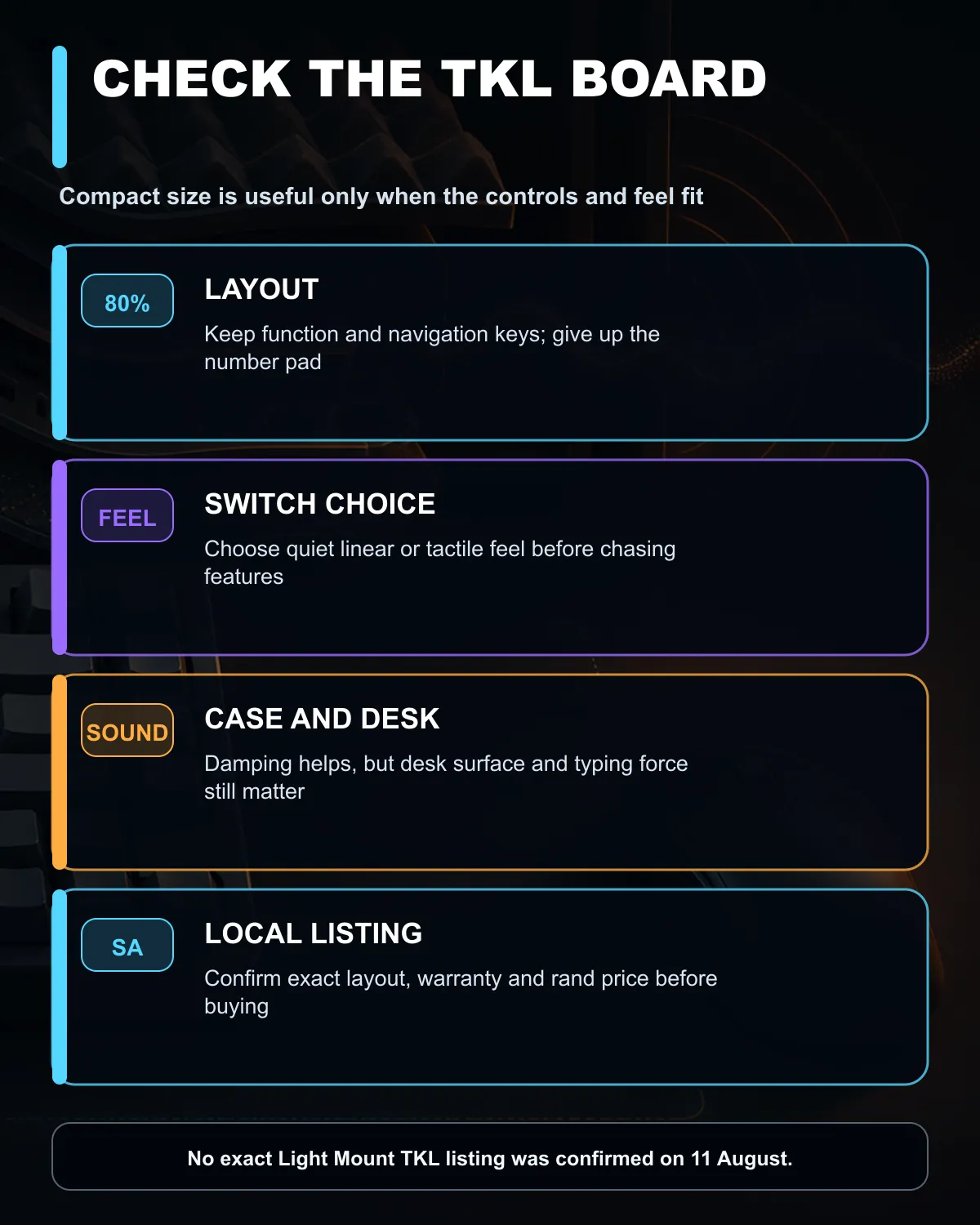 TKL keyboard buying checklist covering layout, switches, sound layers and local stock.