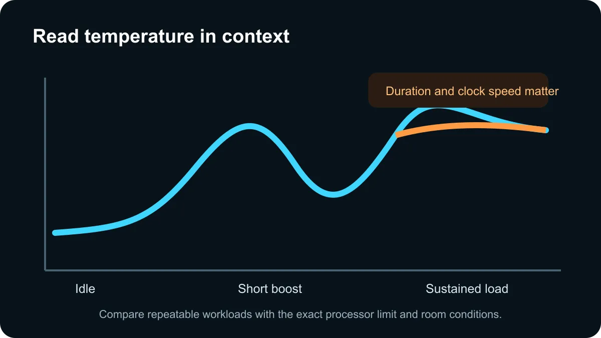 CPU temperature reading guide comparing idle, short boost and sustained-load context.