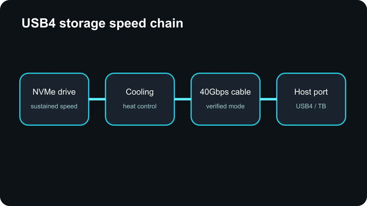 USB4 storage speed chain connecting NVMe drive, cooling, cable and host port.