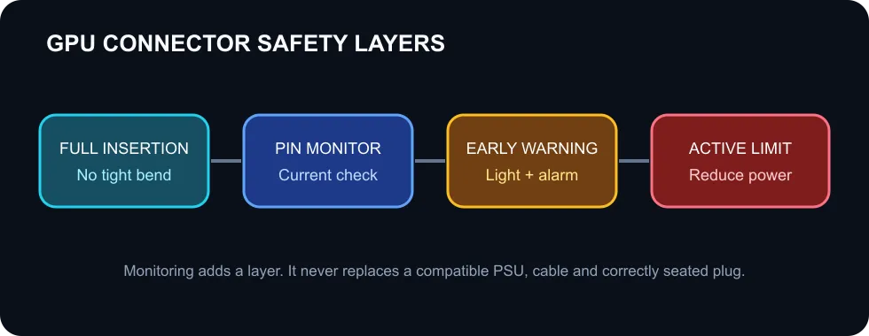 GPU power connector safety layers from full insertion through monitoring, warning and active protection.