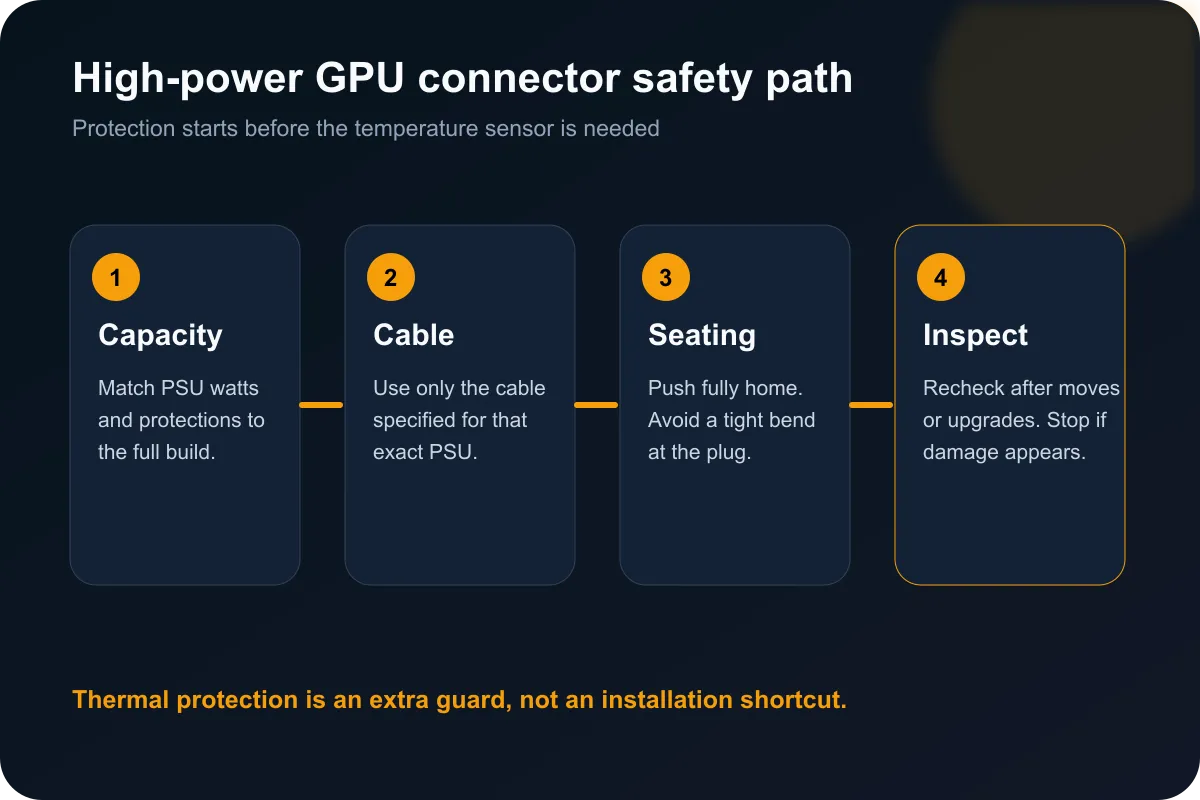 Four-step high-power GPU connector safety path covering capacity, cable, seating and inspection.