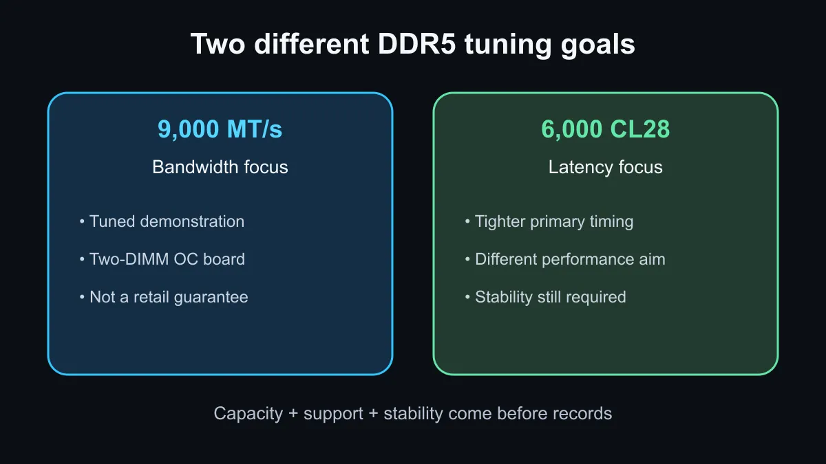 DDR5 comparison showing bandwidth at 9000 MT/s and tighter latency at 6000 CL28.