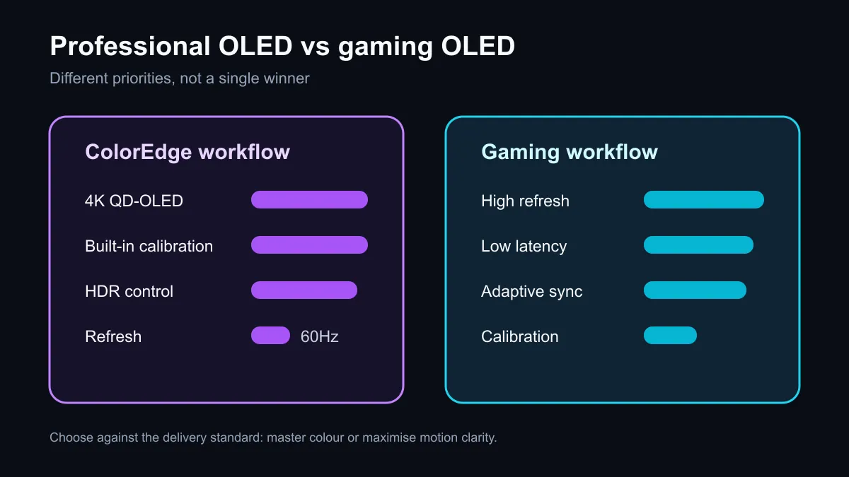 Comparison of professional colour OLED and gaming OLED priorities including calibration, HDR control and refresh rate.