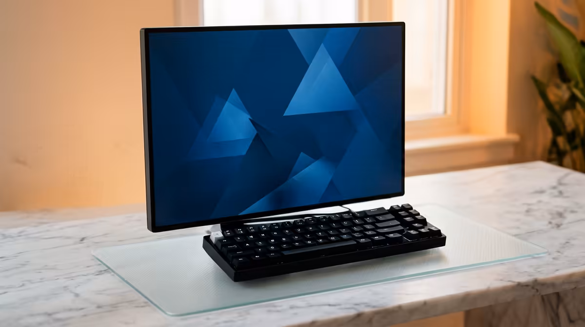 Monitor at eye level, elbows at 90 degrees