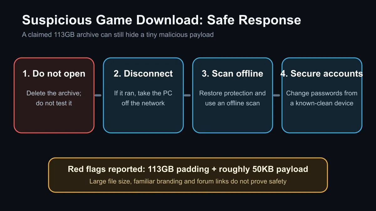 Safe response timeline for a suspicious unreleased game download on Windows.