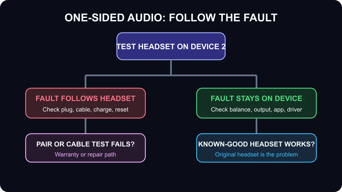 One-sided headphone audio diagnostic tree using cross-device, balance, connector and pairing tests.
