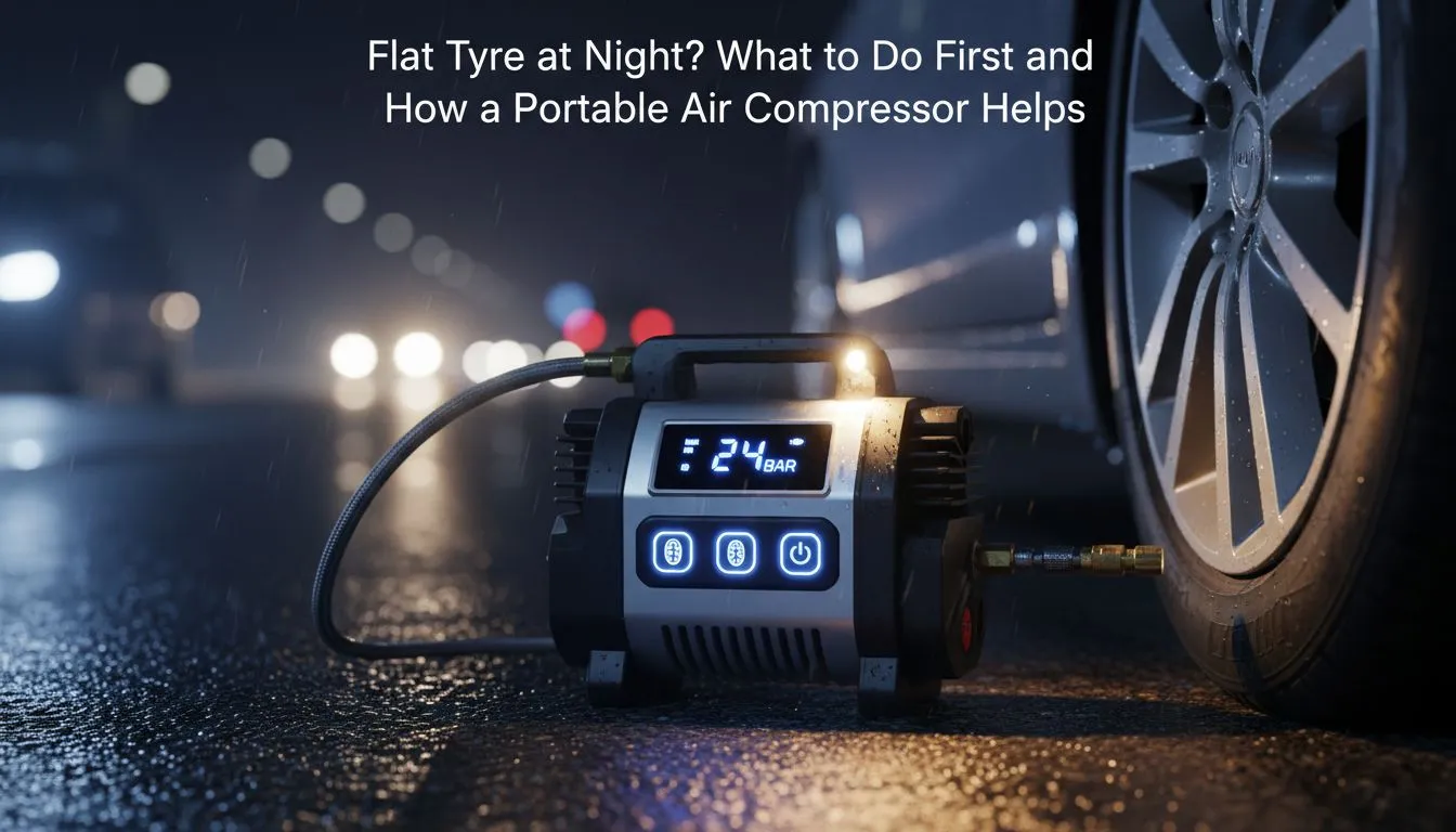 Night flat tyre: immediate steps & compressor tips