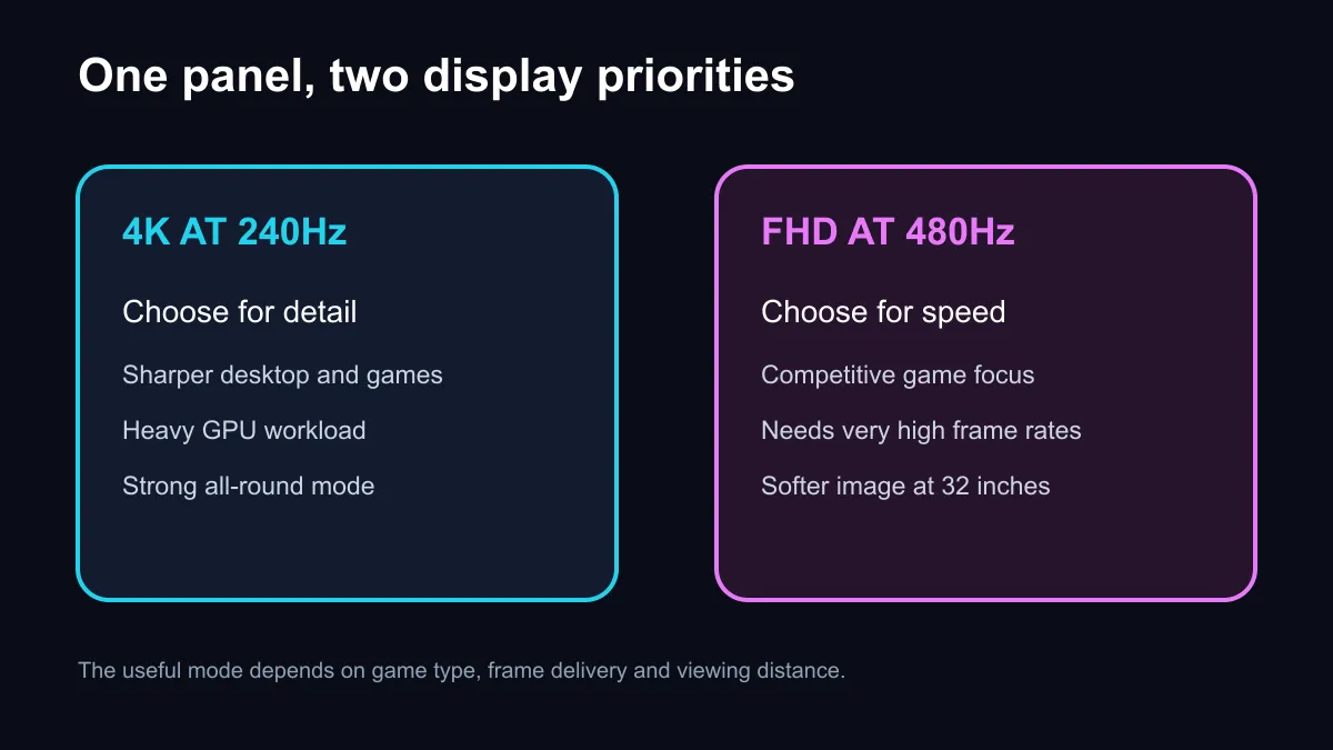 Decision path comparing 4K 240Hz and Full HD 480Hz monitor modes.