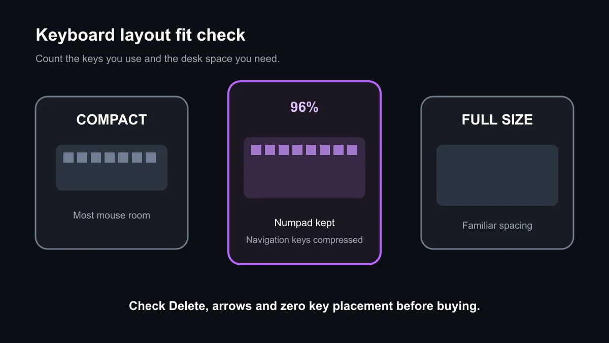Keyboard layout fit check comparing compact, 96 percent and full-size designs.