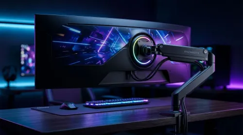 49-inch ultrawide curved monitor gas spring arm setup