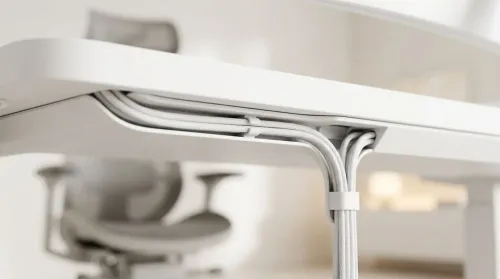 Integrated Cable Management Channels for a Clean All-White Desk