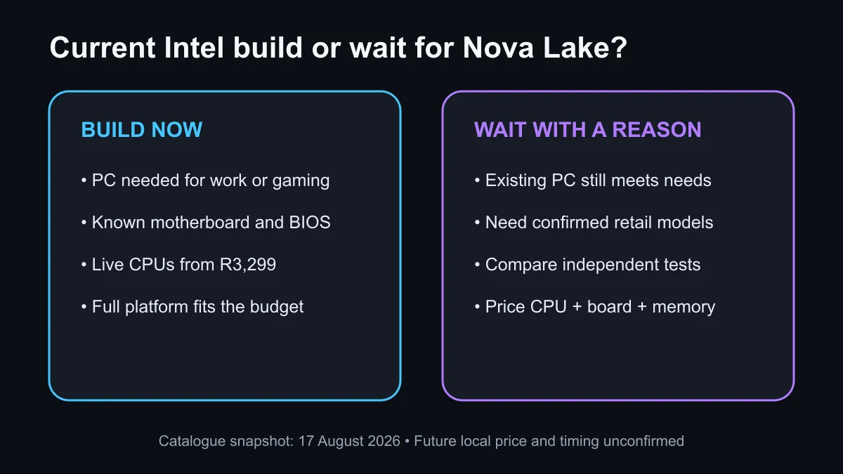 Decision guide comparing a current Intel build with waiting for Nova Lake platform details.