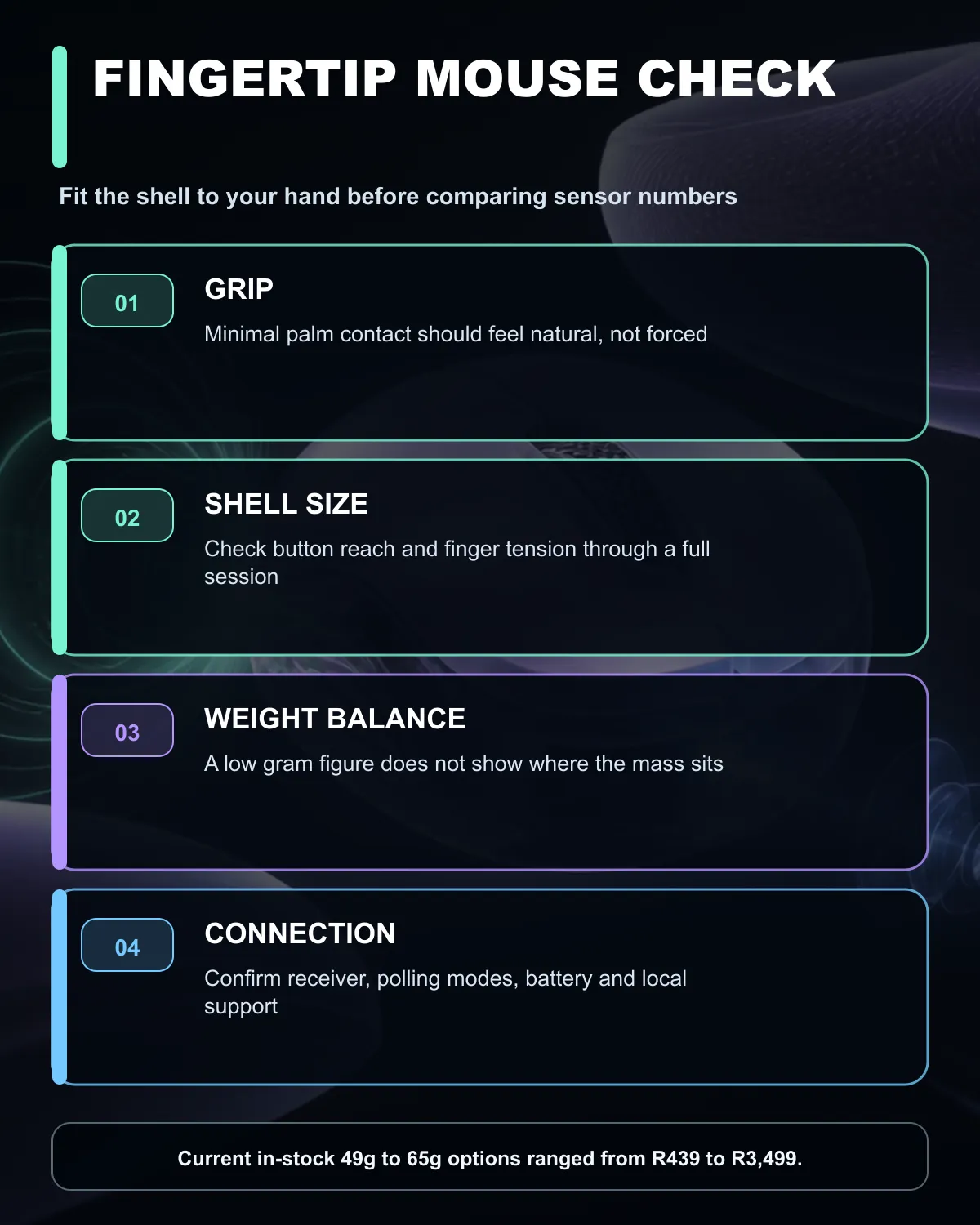 Fingertip gaming mouse checklist for grip, weight, connection and local support.