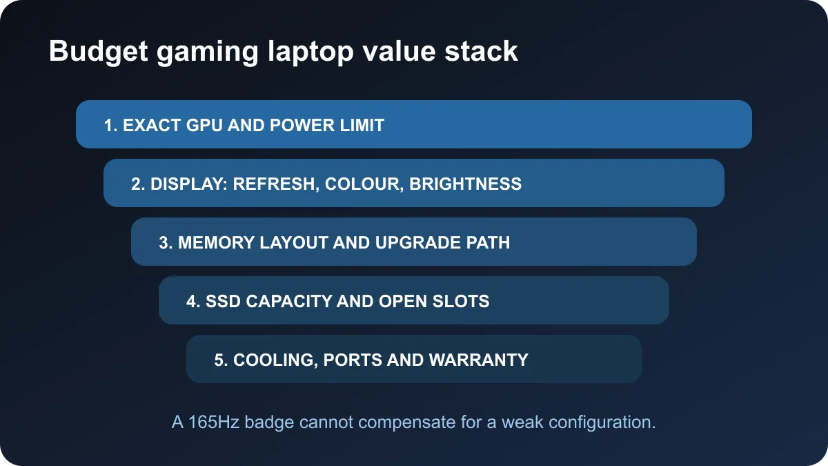 Budget gaming laptop value stack covering GPU, display, memory, storage, cooling and warranty.