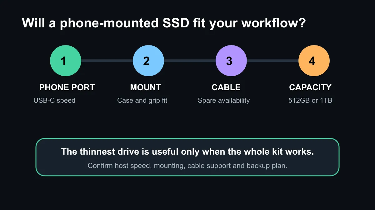 Four-step Lexar Muse portable SSD fit check covering phone mount, cable, capacity and host speed.