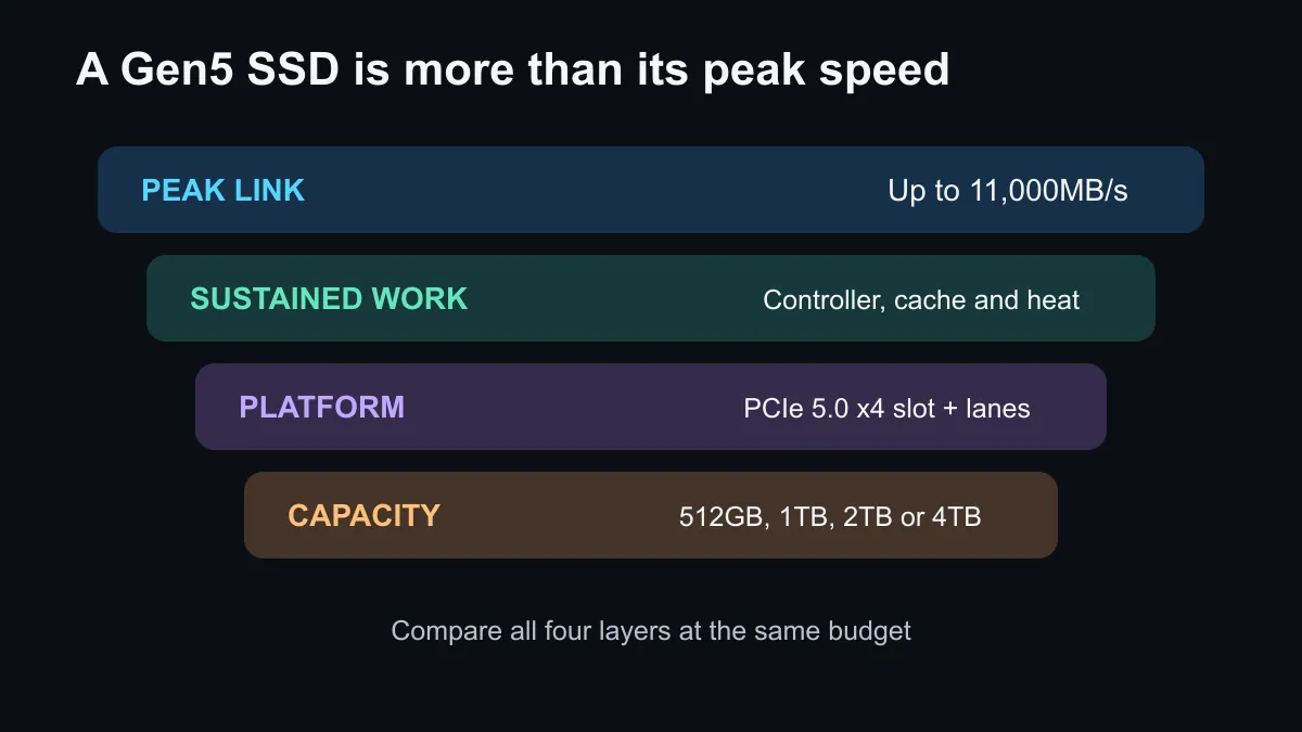 Gen5 SSD decision layers from peak interface speed to cooling and capacity.