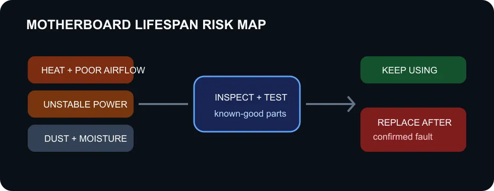 Motherboard lifespan risk map covering heat, power, dust, damage and confirmed faults.
