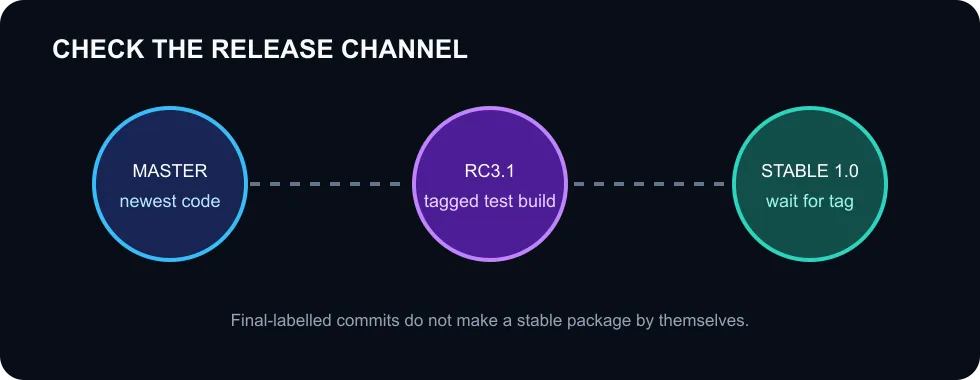 OpenRGB release channels showing development master, RC3.1 and the pending stable 1.0 tag.
