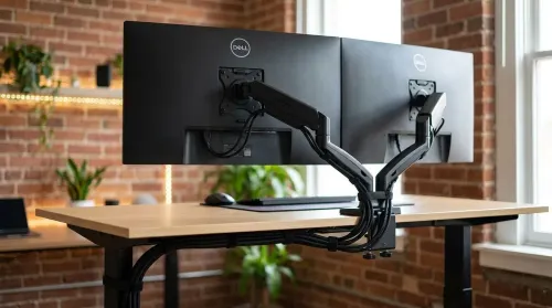 Dual-Monitor Setup on Standing Desk with Rear Mount and Cable Management