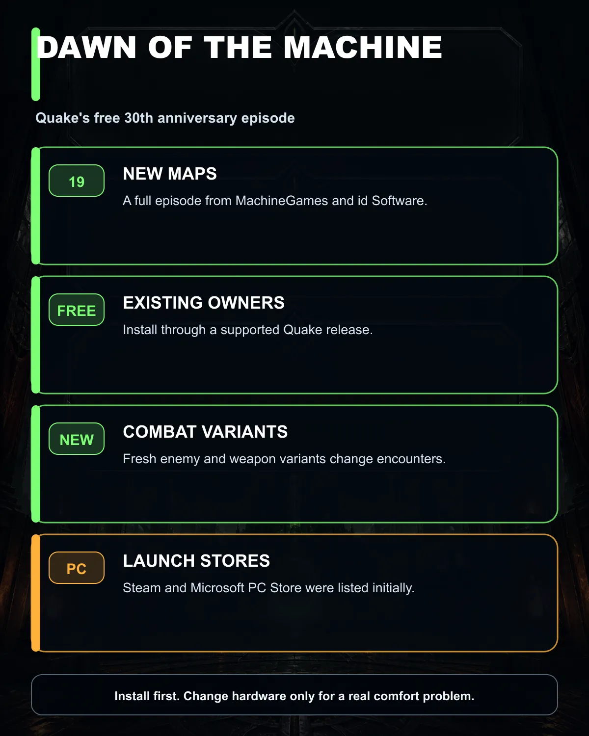 Quake Dawn of the Machine update summary showing 19 maps, new variants and supported PC storefronts.