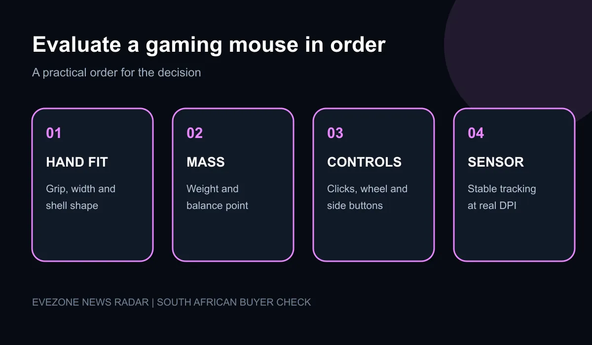 Gaming mouse evaluation order from hand fit and mass to controls and sensor claims.