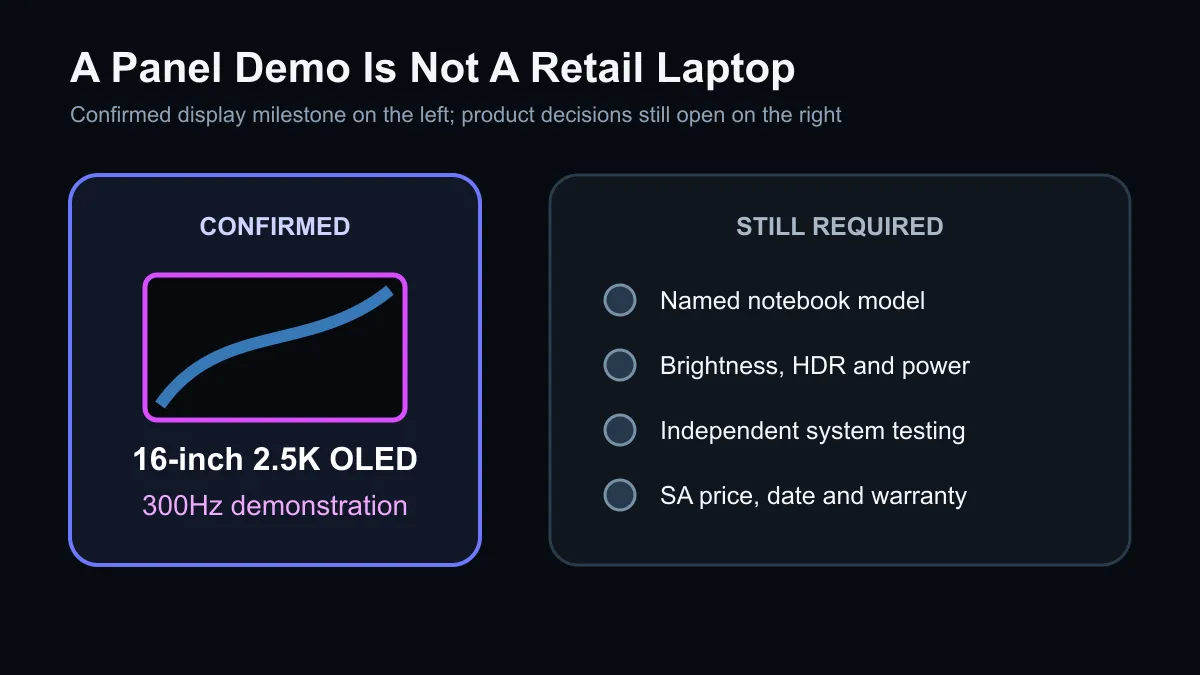 Checklist separating a 300Hz OLED panel demo from a retail gaming laptop.