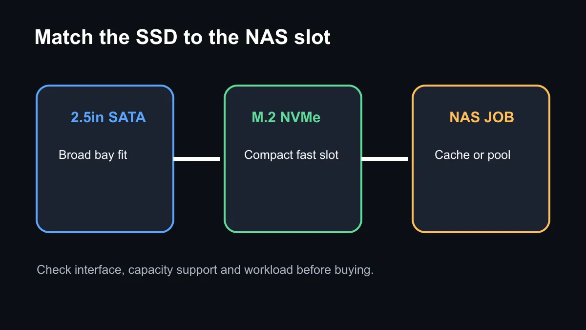Decision path comparing SATA and PCIe 5.0 SSD choices for a NAS.