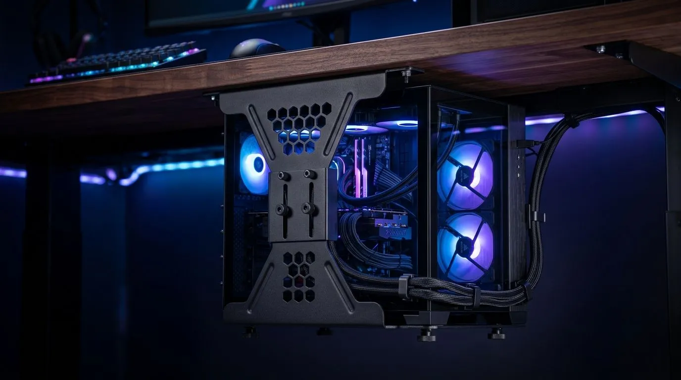 Free desk space with a secure under-desk mount