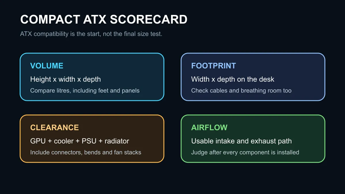 Compact ATX case scorecard covering volume, desk footprint, component clearance and airflow.