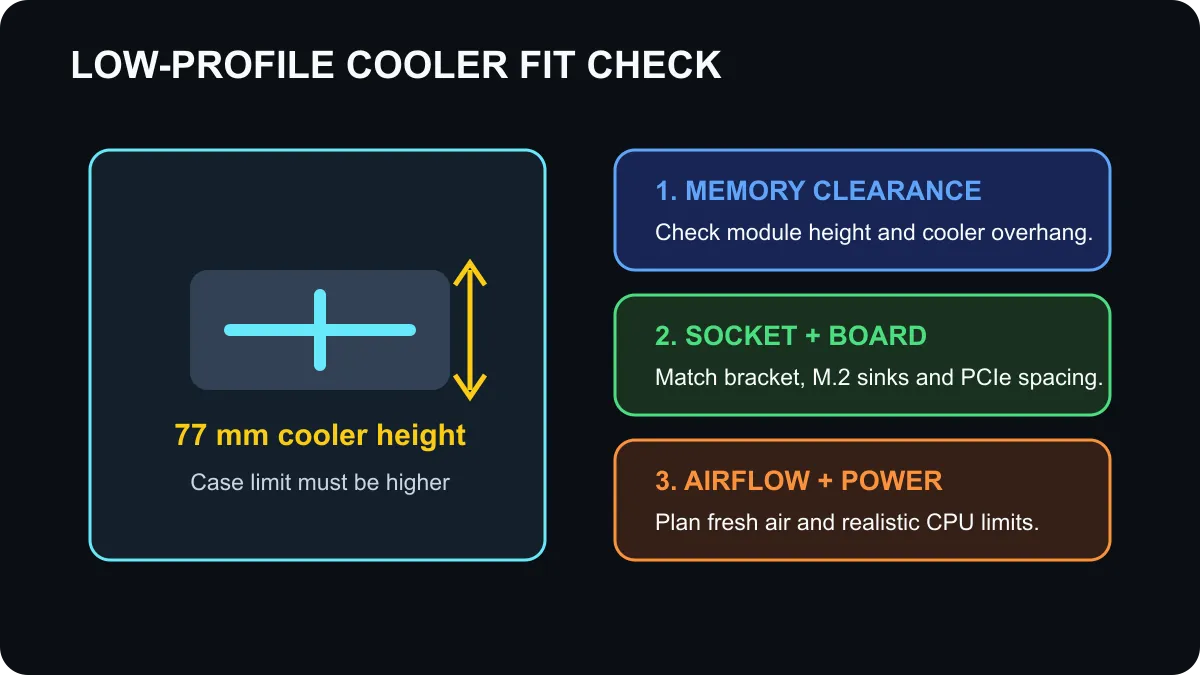 Low-profile CPU cooler fit diagram showing 77 mm case clearance, memory height and socket compatibility.
