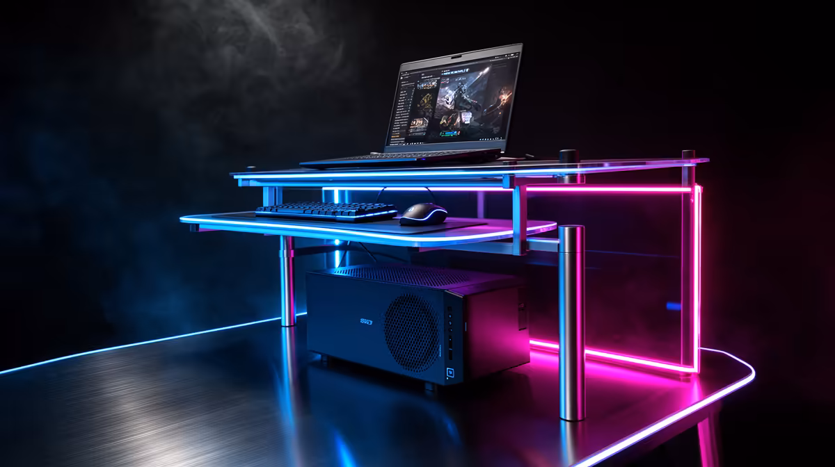 Three-tier gaming desk plan buying signals