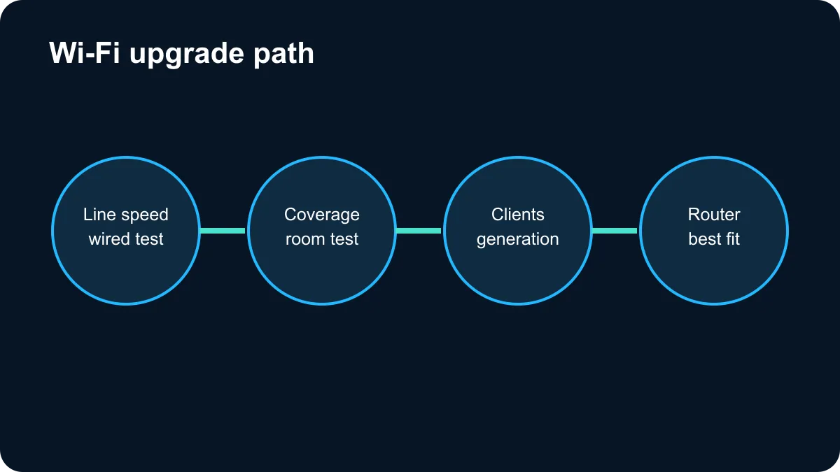 Wi-Fi upgrade path covering line speed, coverage, clients and router generation.